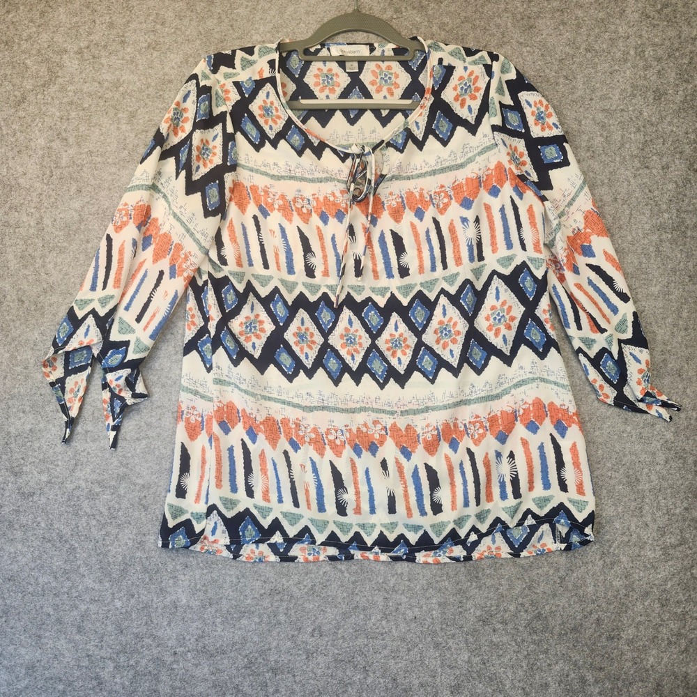Dressbarn Womens Medium Blue Orange Geometric Floral Tie Neck 3/4 Sleeve Blouse